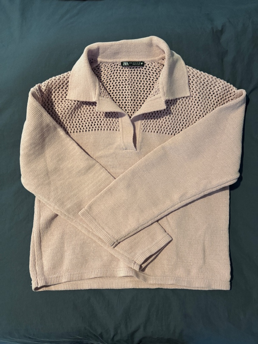 Zara Light Cream Knit V-Neck Polo Sweater